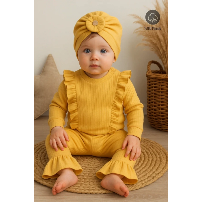 Omuzdan Fırfır Detaylı Boneli 3lü % 100 Pamuklu Kız Bebek Takımı