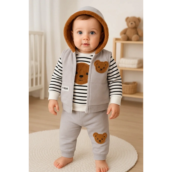 Peluş Ayıcık Desenli Kapişonlu 3lü Erkek Bebek Takımı