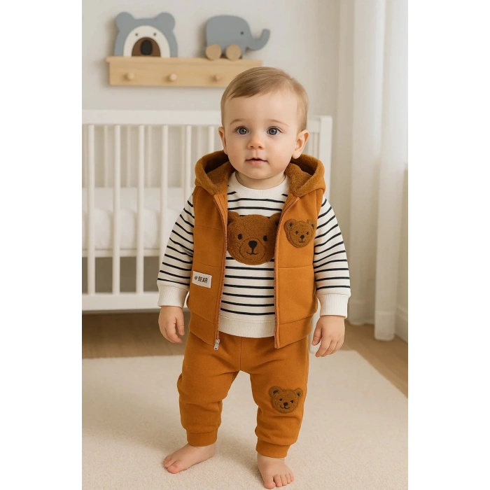 Peluş Ayıcık Desenli Kapişonlu 3lü Erkek Bebek Takımı