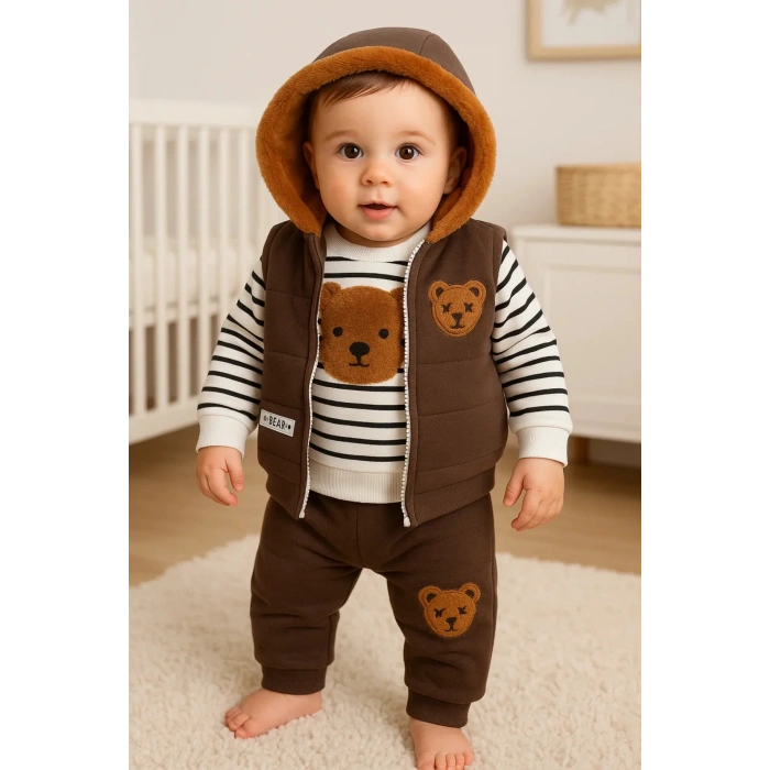 Peluş Ayıcık Desenli Kapişonlu 3lü Erkek Bebek Takımı