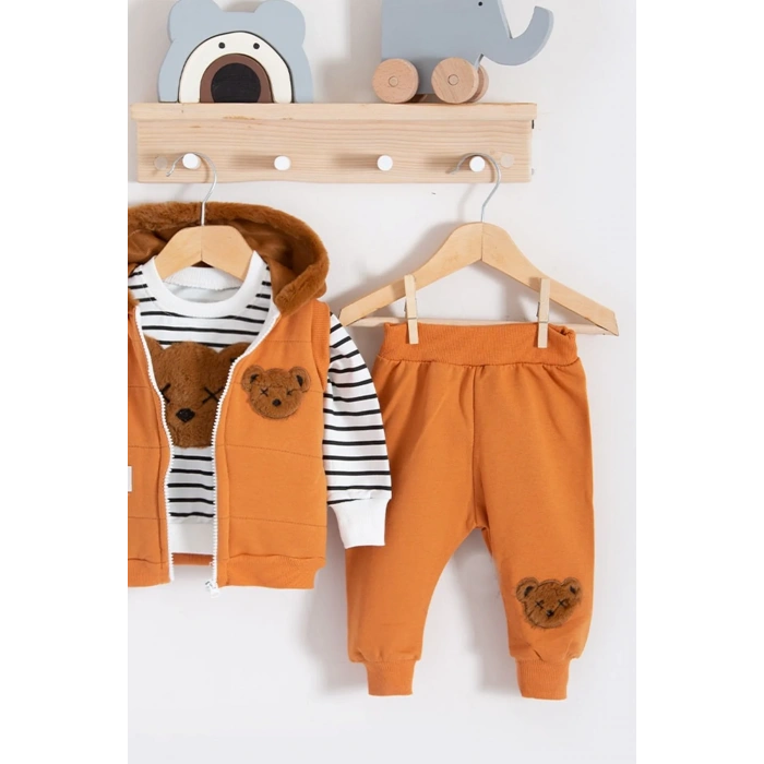 Peluş Ayıcık Desenli Kapişonlu 3lü Erkek Bebek Takımı