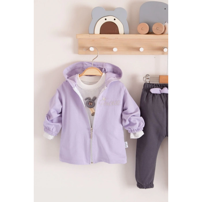 Prences Nakışlı Kapişonlu 3lü % 100 Pamuk Kız Bebek Takımı