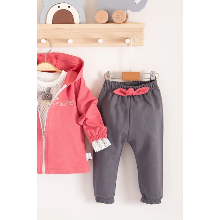 Prences Nakışlı Kapişonlu 3lü % 100 Pamuk Kız Bebek Takımı