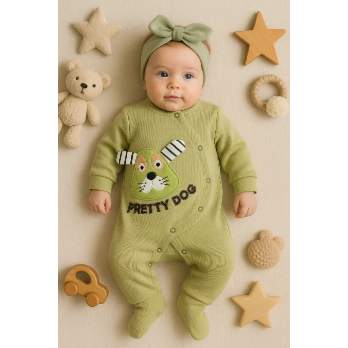 Pretty Dog Nakışlı Bandanalı % 100 Pamuk Kız Bebek Tulumu