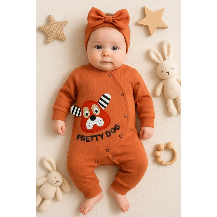 Pretty Dog Nakışlı Bandanalı % 100 Pamuk Kız Bebek Tulumu