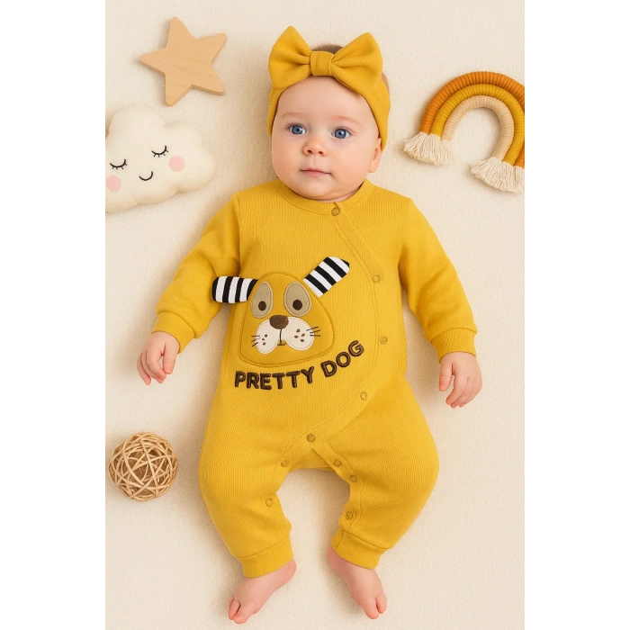 Pretty Dog Nakışlı Bandanalı % 100 Pamuk Kız Bebek Tulumu