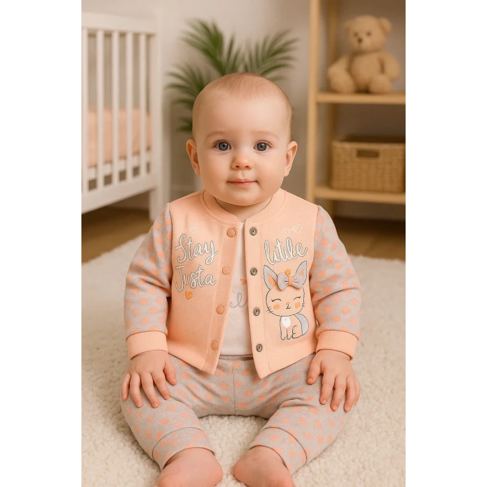 Stay Little Puan Desenli 3lü Hırkalı Kız Bebek Takım
