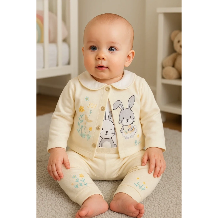 Tavşan Desenli Çiçekli 3lü Hırkalı Kız Bebek Takım