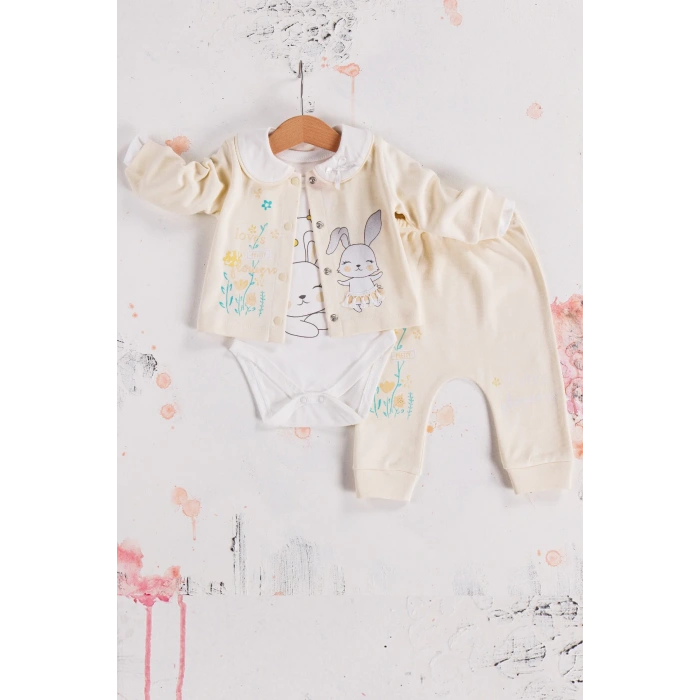 Tavşan Desenli Çiçekli 3lü Hırkalı Kız Bebek Takım