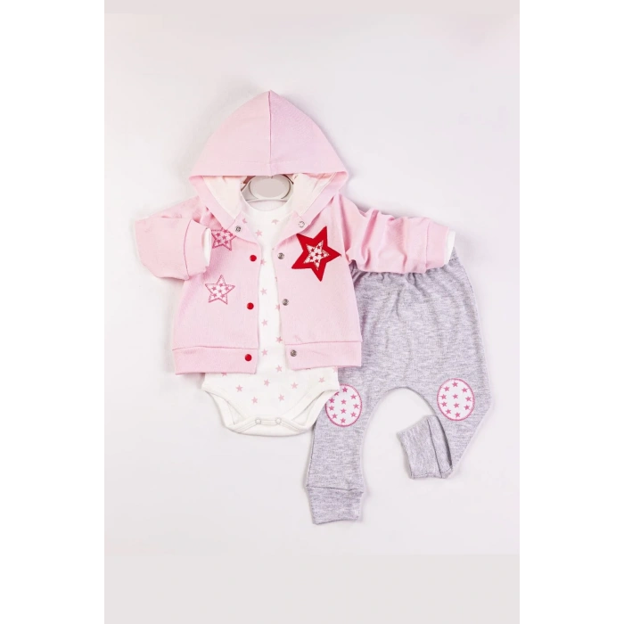 Yıldız Nakışlı Kapişonlu Kız Bebek Takımı