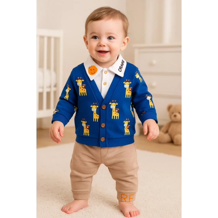 Zürafa Desenli Gömlek Yakalı 3lü Erkek Bebek Takımı