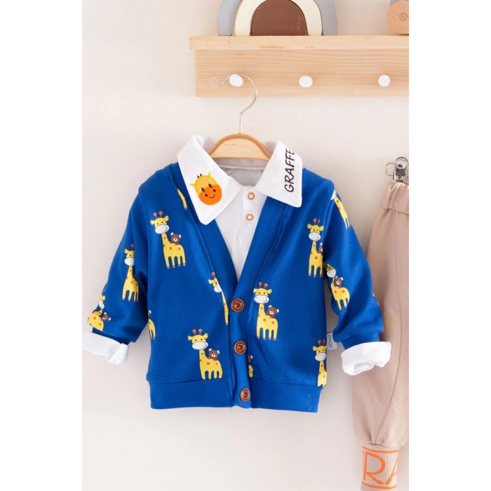 Zürafa Desenli Gömlek Yakalı 3lü Erkek Bebek Takımı