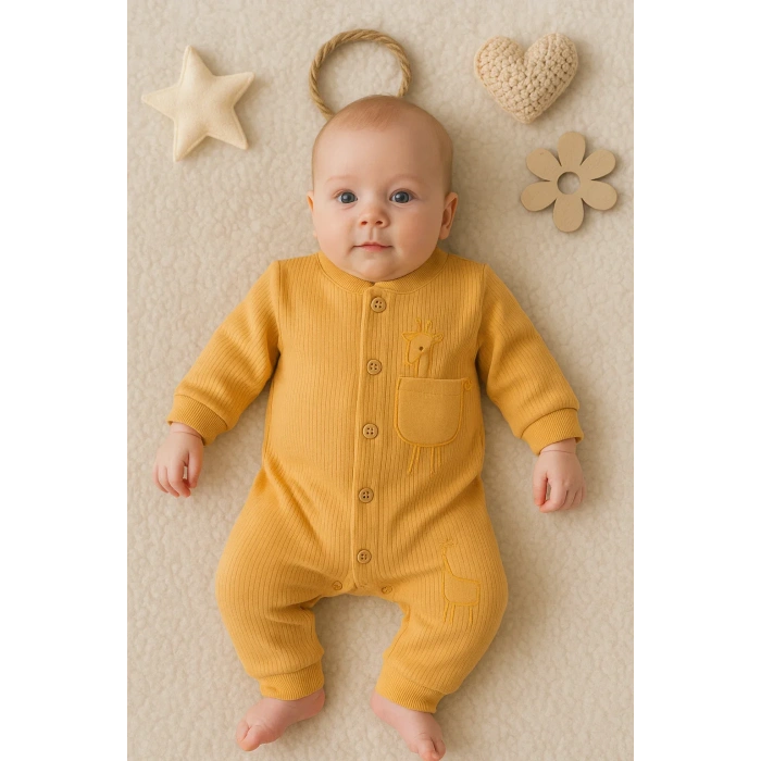 Zürafa Nakışlı Cepli % 100 Pamuk Erkek Bebek Tulumu