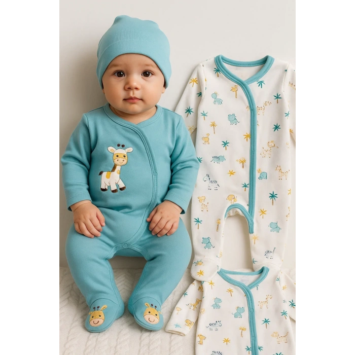 Zürafa Nakışlı Erkek Bebek 4lü Tulum Seti