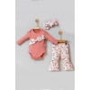 Çiçek Desenli Fiyonklu 3lü Kız Bebek Takım