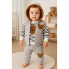 Peluş Ayıcık Desenli Kapişonlu 3lü Erkek Bebek Takımı