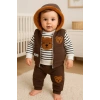 Peluş Ayıcık Desenli Kapişonlu 3lü Erkek Bebek Takımı