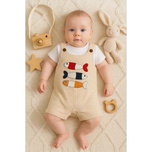 Balık Nakışlı Kısa Kollu Erkek Bebek Tulumu