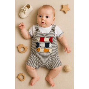 Balık Nakışlı Kısa Kollu Erkek Bebek Tulumu