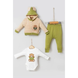Bear Çizgili % 100 Pamuk Hırkalı 3lü Bebek Takımı