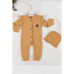 Boydan Düğmeli Şapkalı % 100 Pamuk Kız Bebek Tulumu