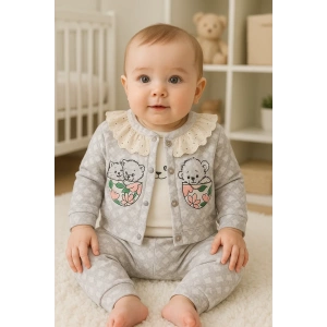 Brode İşlemeli Kalp Desenli 3lü Hırkalı Kız Bebek Takım