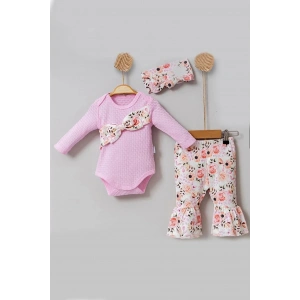 Çiçek Desenli Fiyonklu 3lü Kız Bebek Takım