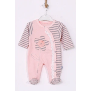 Çiçek Nakışlı % 100 Pamuk Ayaklı Kız Bebek Tulumu