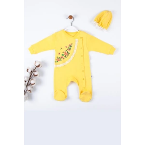 Çiçek Nakışlı Şapkalı % 100 Pamuk Kız Bebek Tulumu