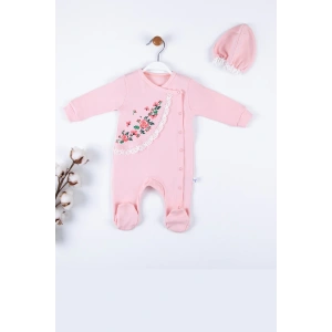 Çiçek Nakışlı Şapkalı % 100 Pamuk Kız Bebek Tulumu