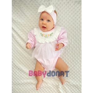 Çiçek Nakışlı Tüllü Bandanalı Kız Bebek Romper