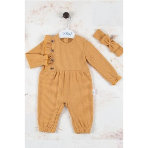 Düğme Detaylı Bandanalı % 100 Pamuk Kız Bebek Tulumu