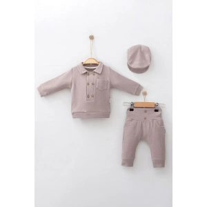 Düğmeli Lüx % 100 Pamuk Şapkalı 3lü Erkek Bebek Takım