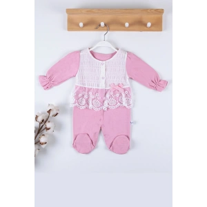Gofralı Fransız Güpürlü % 100 Pamuk Kız Bebek Tulumu
