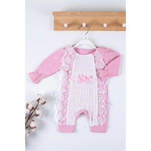 Gofralı Fransız Güpürlü % 100 Pamuk Kız Bebek Tulumu