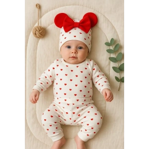 Kalp Desenli Şapkalı 3lü Kız Bebek Takımı