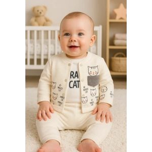 Kedi Desenli 3lü Hırkalı Kız Bebek Takım