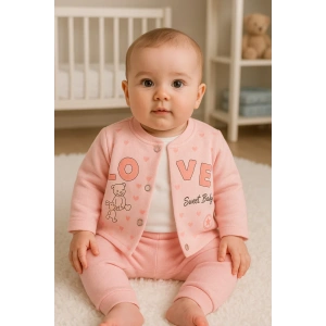 Love Tavşan Desenli Kol Detaylı 3lü Hırkalı Kız Bebek Takım