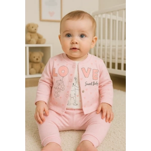 Love Tavşan Desenli Kol Detaylı 3lü Hırkalı Kız Bebek Takım