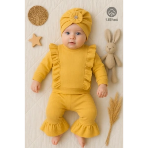 Omuzdan Fırfır Detaylı Boneli 3lü % 100 Pamuklu Kız Bebek Takımı