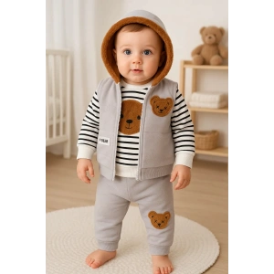 Peluş Ayıcık Desenli Kapişonlu 3lü Erkek Bebek Takımı