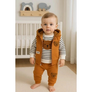 Peluş Ayıcık Desenli Kapişonlu 3lü Erkek Bebek Takımı