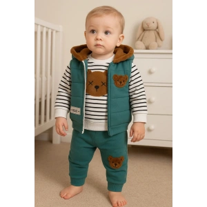Peluş Ayıcık Desenli Kapişonlu 3lü Erkek Bebek Takımı