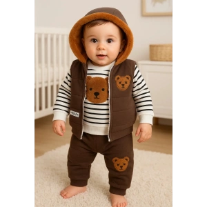 Peluş Ayıcık Desenli Kapişonlu 3lü Erkek Bebek Takımı