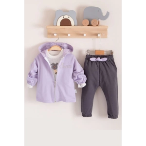 Prences Nakışlı Kapişonlu 3lü % 100 Pamuk Kız Bebek Takımı