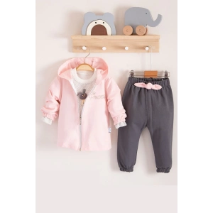 Prences Nakışlı Kapişonlu 3lü % 100 Pamuk Kız Bebek Takımı