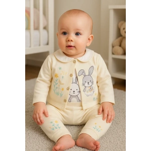 Tavşan Desenli Çiçekli 3lü Hırkalı Kız Bebek Takım