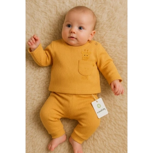 Zürafa Cep Nakışlı Omuzdan Düğmeli % 100 Pamuk Erkek Bebek Takım