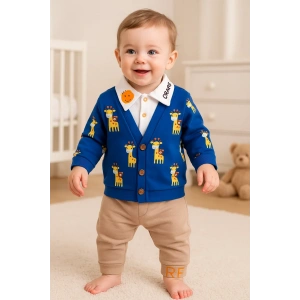Zürafa Desenli Gömlek Yakalı 3lü Erkek Bebek Takımı