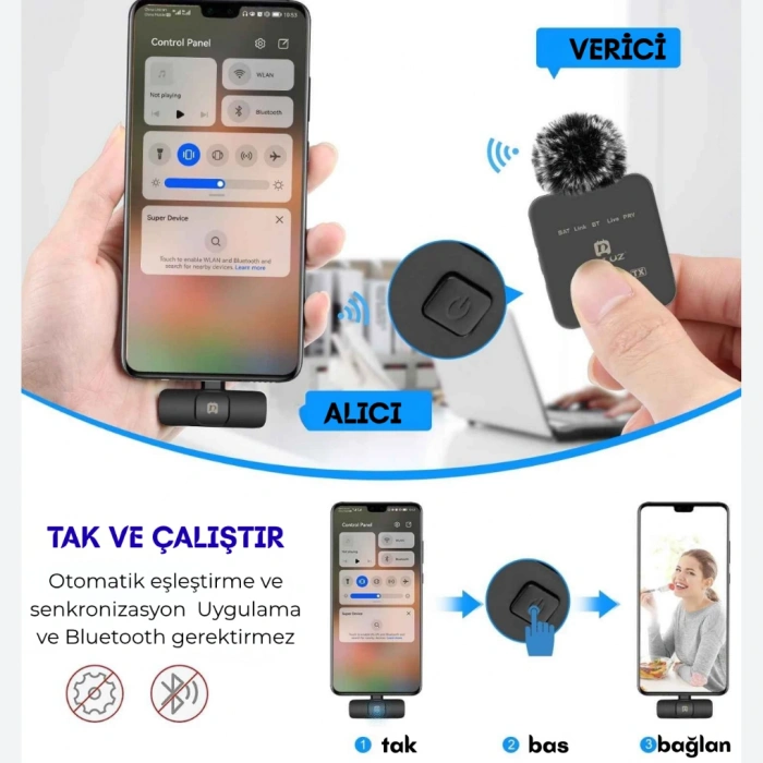 2’li Kablosuz Yaka Mikrofonu Type-C & Lightning Uyumlu, DSP Gürültü Azaltma, Android iPhone Canlı Yayın Video Ses Kayıt Mikrofonu